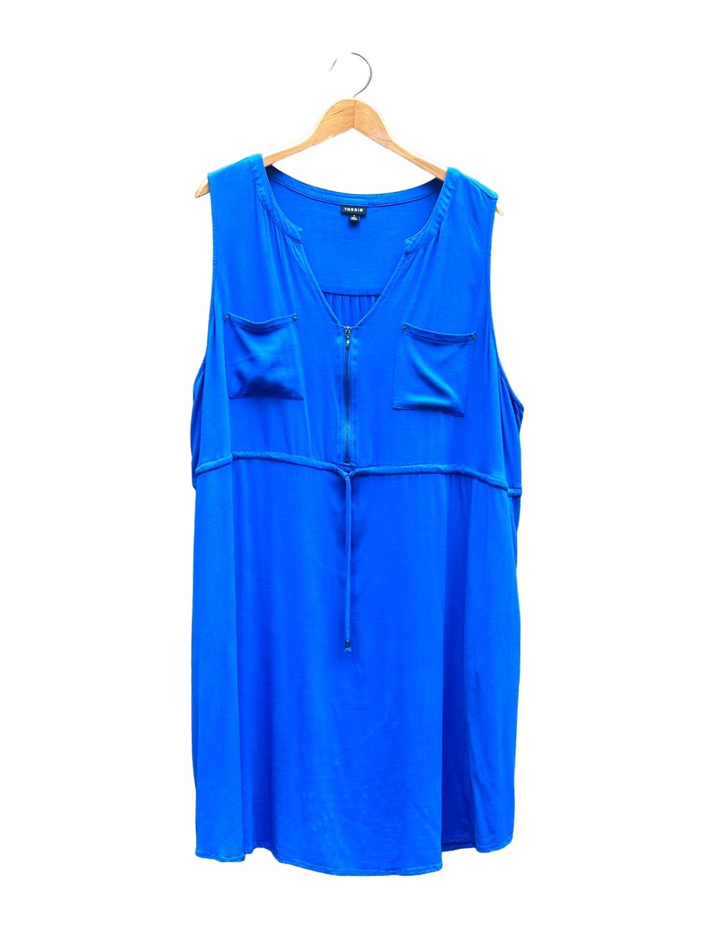 Torrid Sleeveless Dress Blue Zip Front Pockets Waist Tie Plus Size 4 4X 26